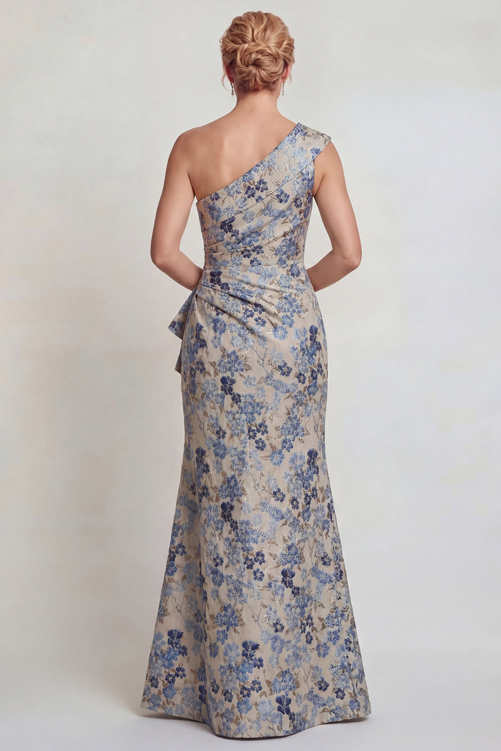 Grey Blue Floral Jacquard One Shoulder Long Prom Dress with Slit
