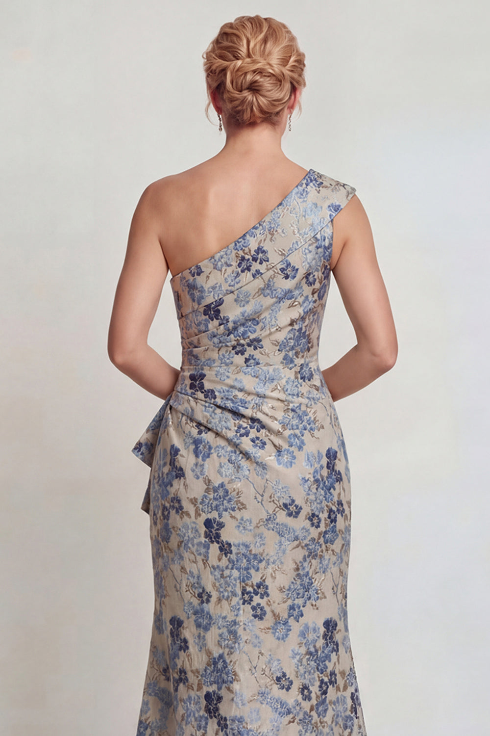 Grey Blue Floral Jacquard One Shoulder Long Prom Dress with Slit