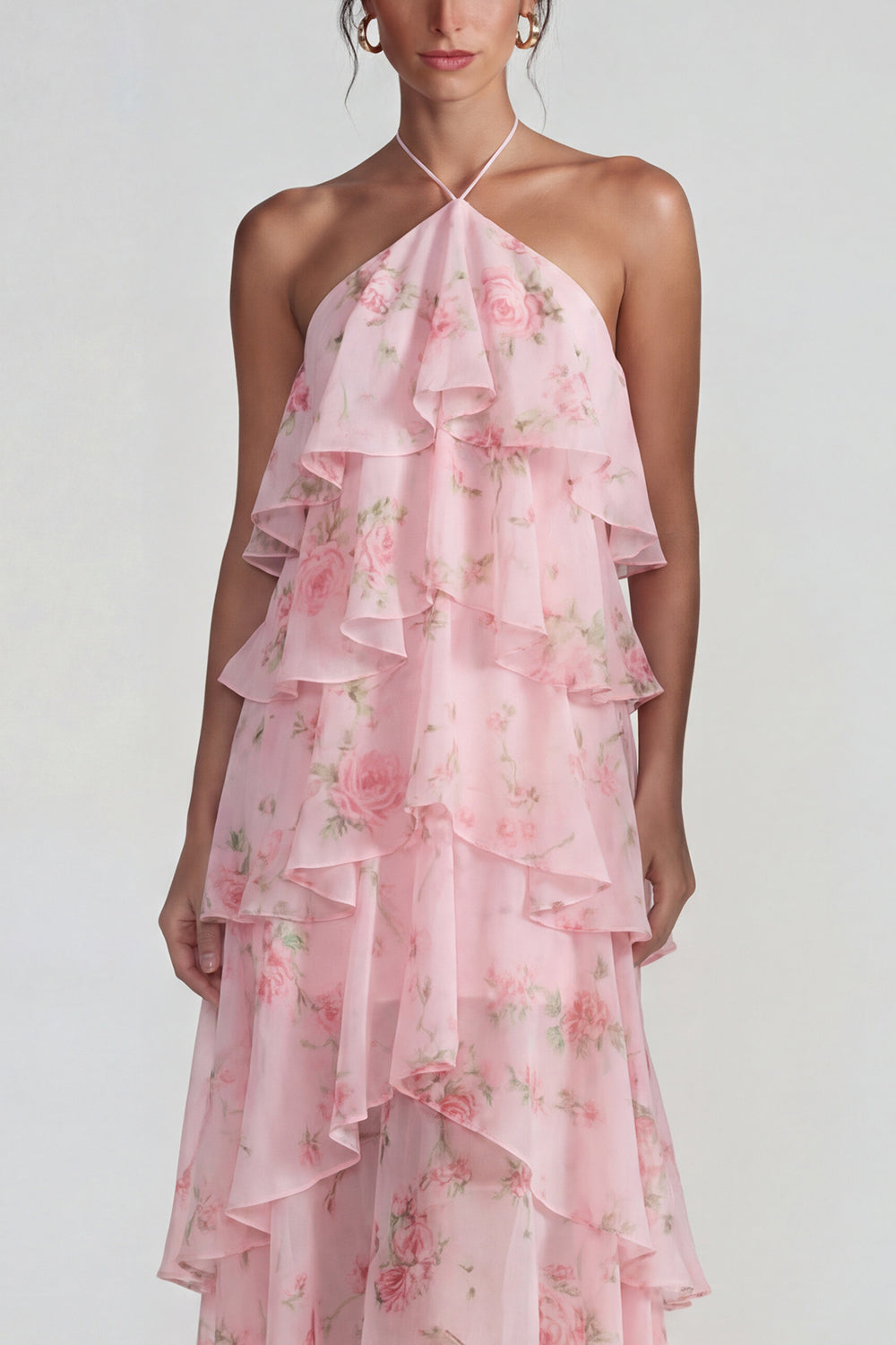 Blue Pink Tiered A Line Flower Halter Long Prom Dress with Ruffles