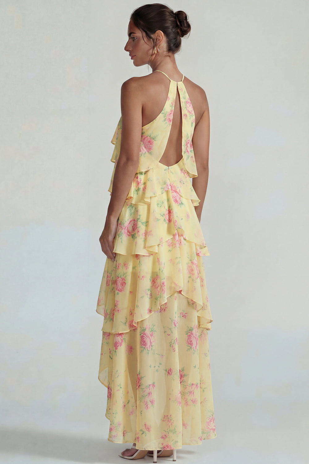 Blue Pink Tiered A Line Flower Halter Long Prom Dress with Ruffles