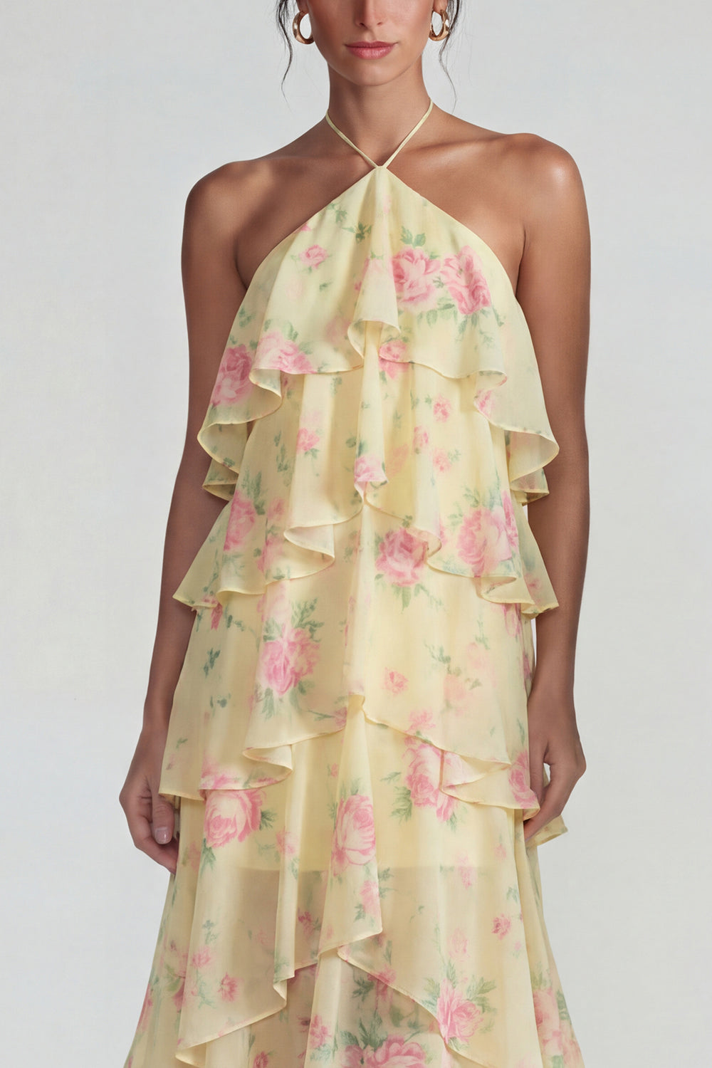 Blue Pink Tiered A Line Flower Halter Long Prom Dress with Ruffles