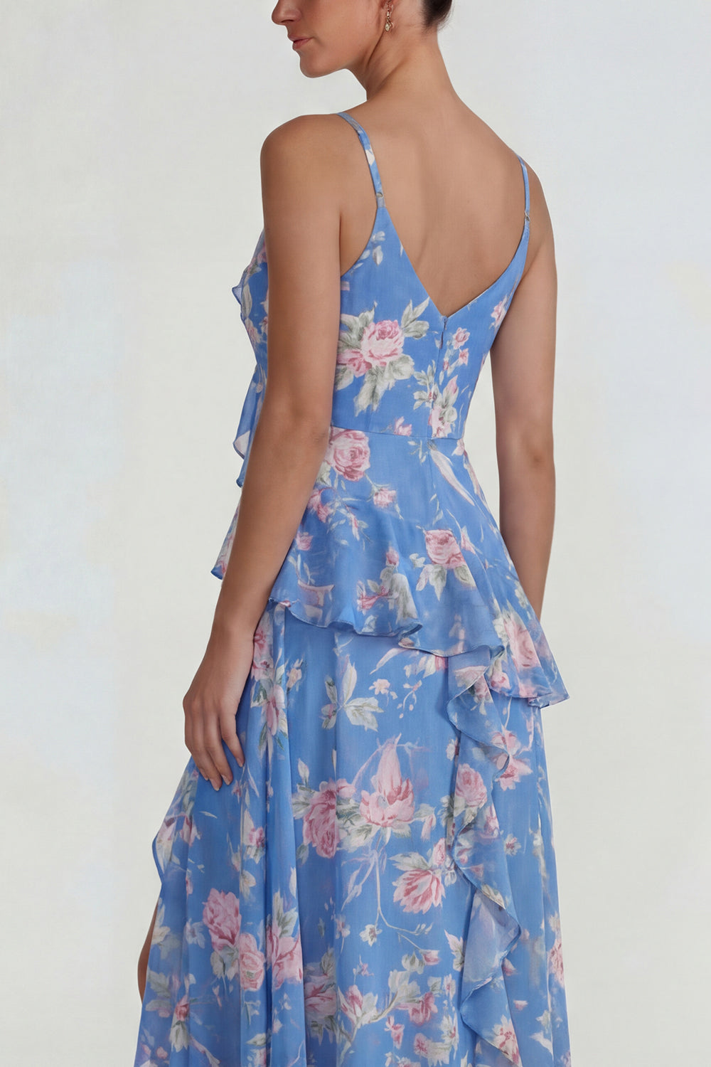 Blue Pink Flower A Line Spaghetti Straps Ruffled Long Prom Dress with Slit