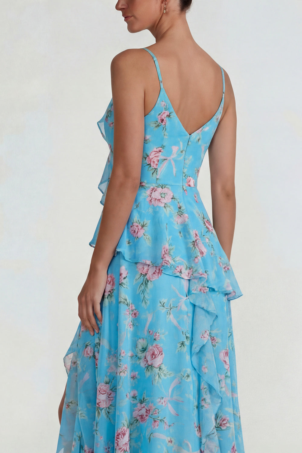 Blue Pink Flower A Line Spaghetti Straps Ruffled Long Prom Dress with Slit