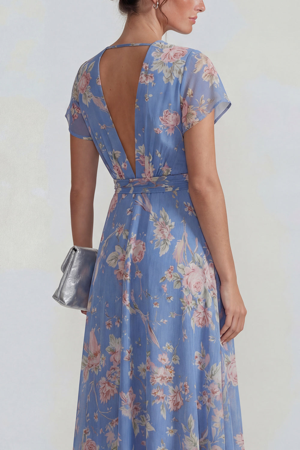 Blue Pink Flower V Neck A Line Long Prom Dress with Sash