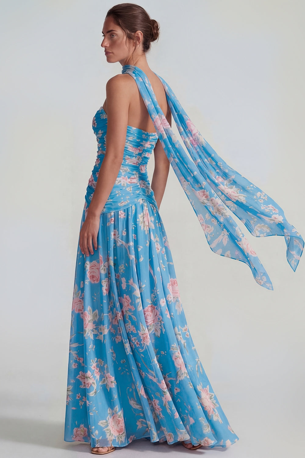 Flower Blue Pink Neck Scarf A Line Long Wedding Guest Dress