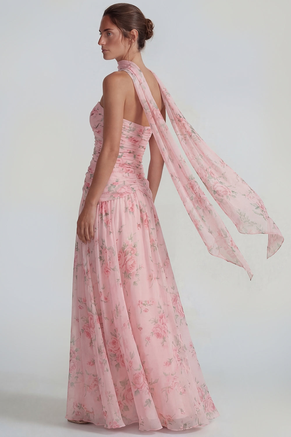 Flower Blue Pink Neck Scarf A Line Long Wedding Guest Dress