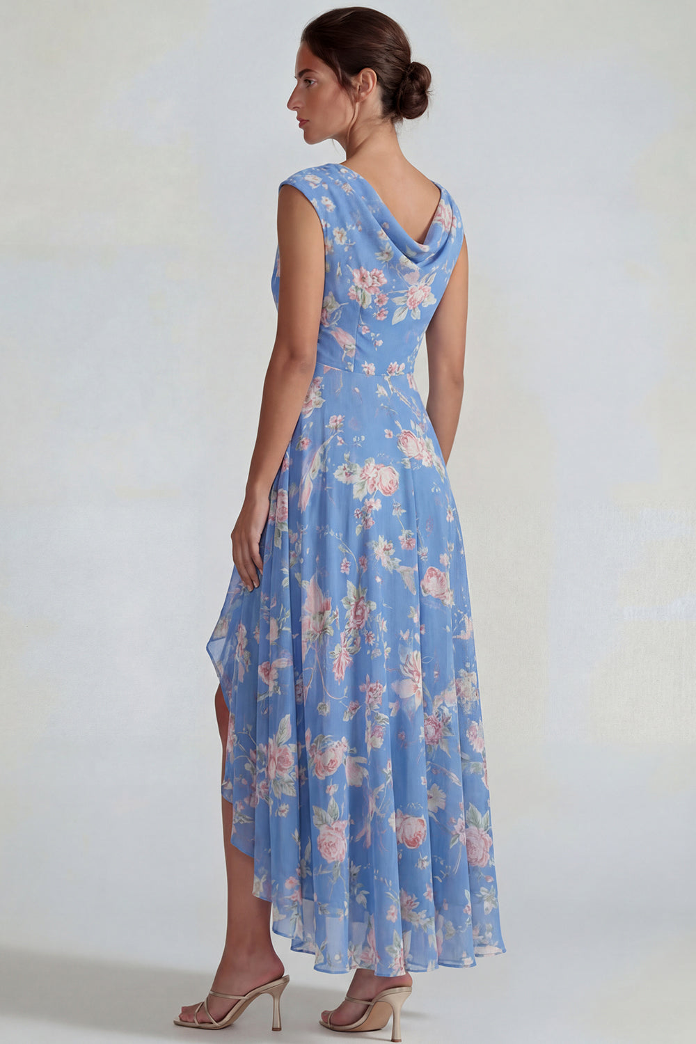 Bateau Neck Blue Pink Flower A Line Long Prom Dress with Slit