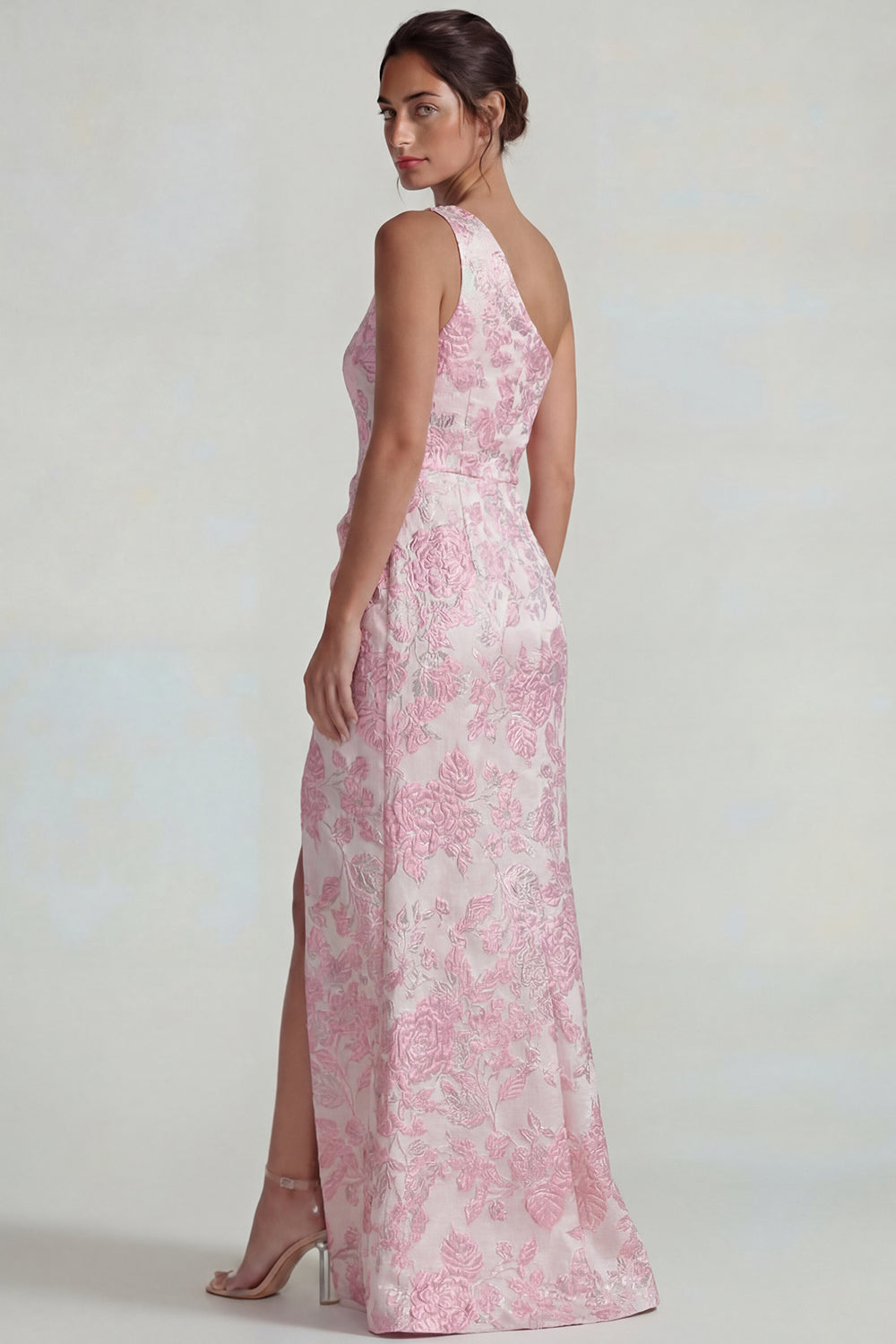 Lilac Sheath One Shoulder Jacquard Floral Long Prom Dress with Slit