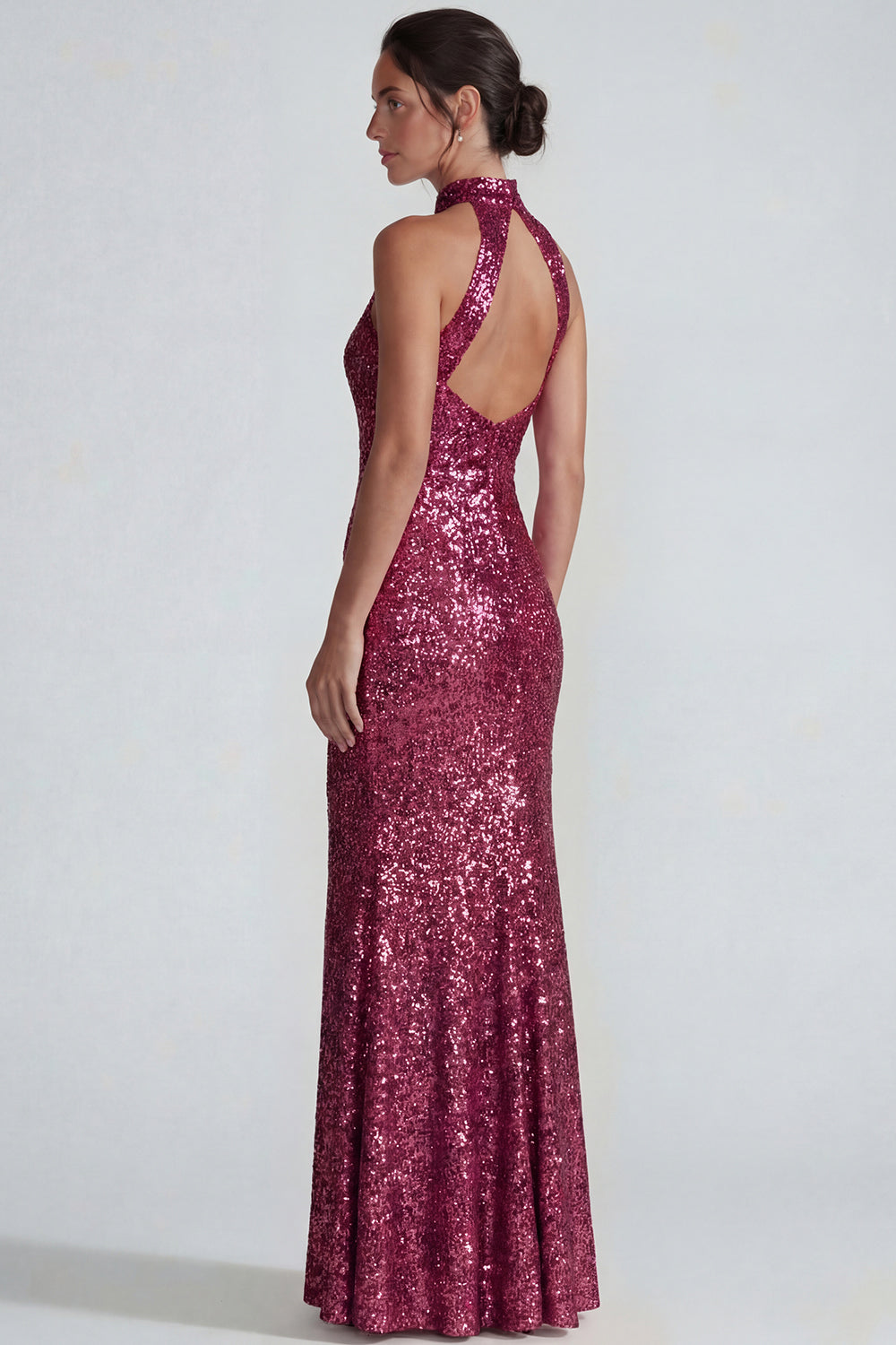 Sparkly Fuchsia High Neck Sequin Mermaid Long Prom Dress