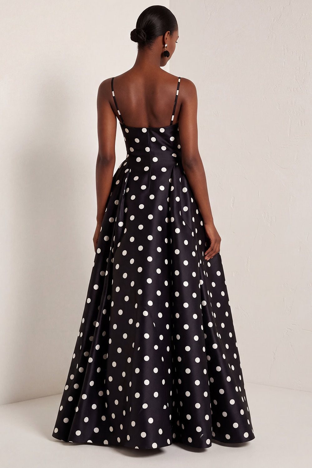 Black and White Polka Dots A Line Satin Spaghetti Straps Long Prom Dress
