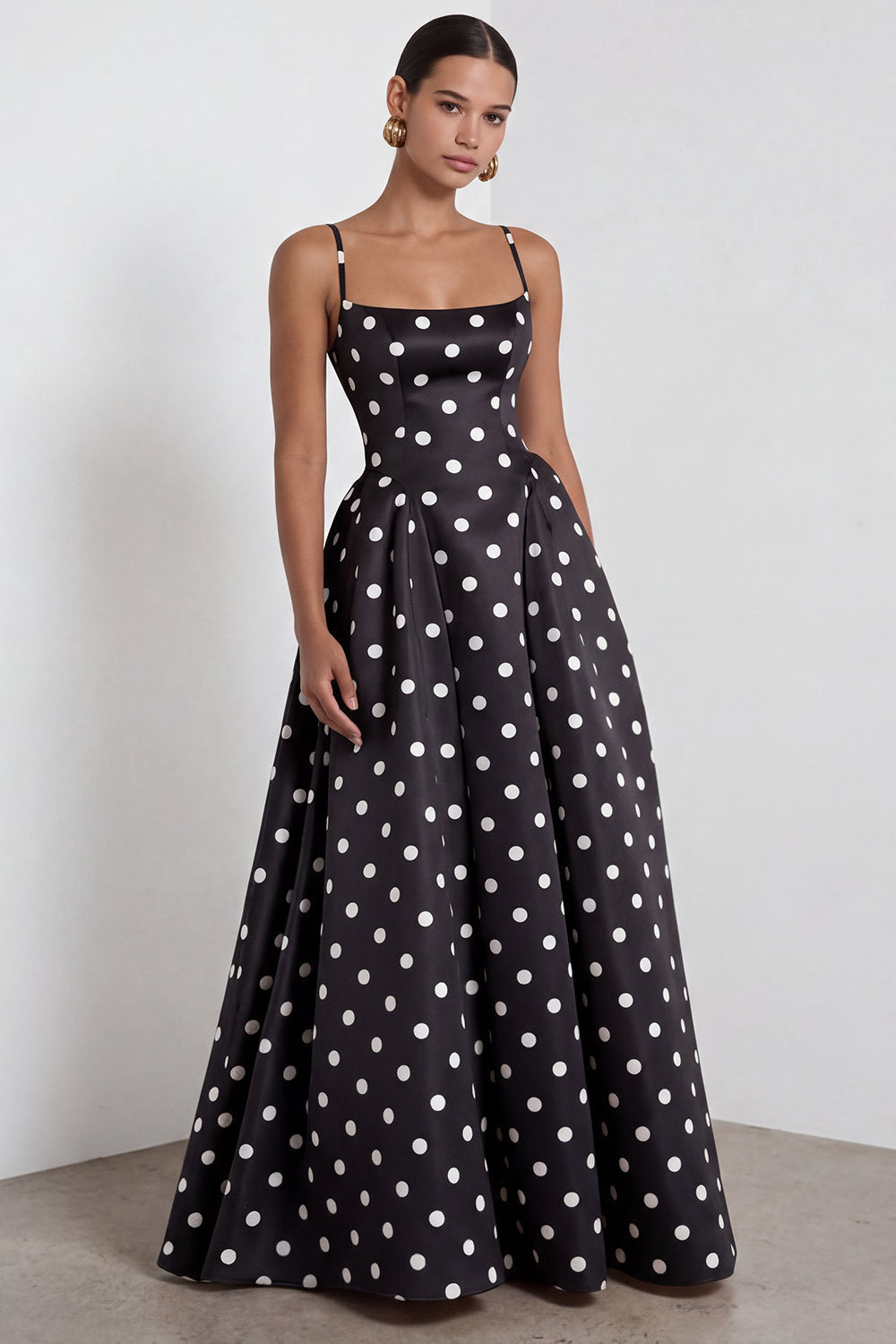 Black and White Polka Dots A Line Satin Spaghetti Straps Long Prom Dress