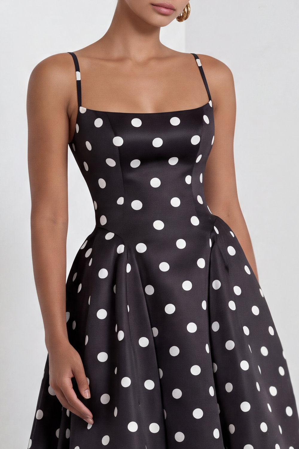 Black and White Polka Dots A Line Satin Spaghetti Straps Long Prom Dress