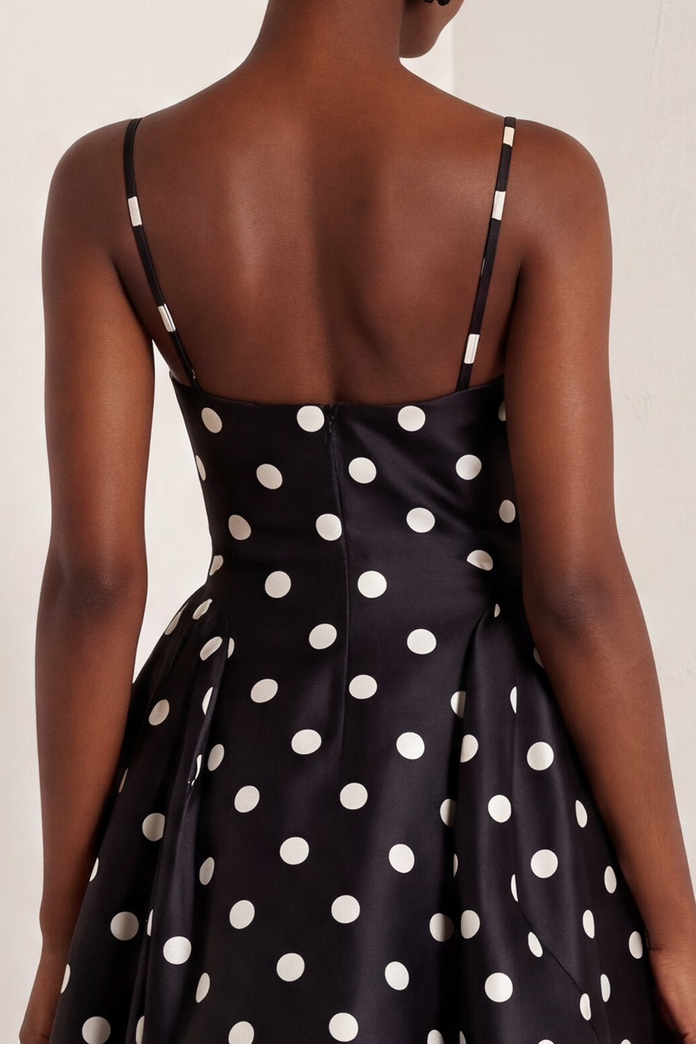 Black and White Polka Dots A Line Satin Spaghetti Straps Long Prom Dress
