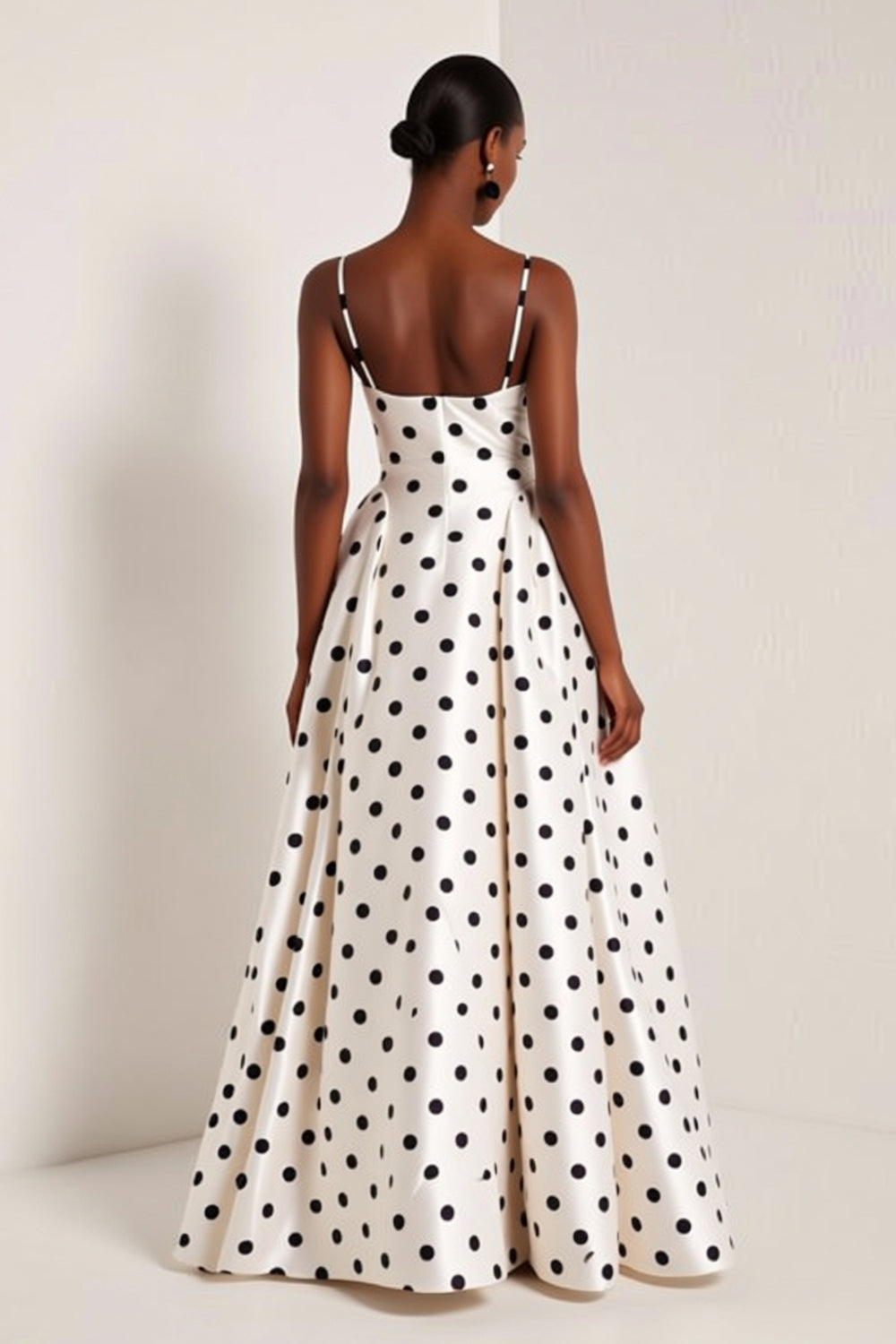 Black and White Polka Dots A Line Satin Spaghetti Straps Long Prom Dress
