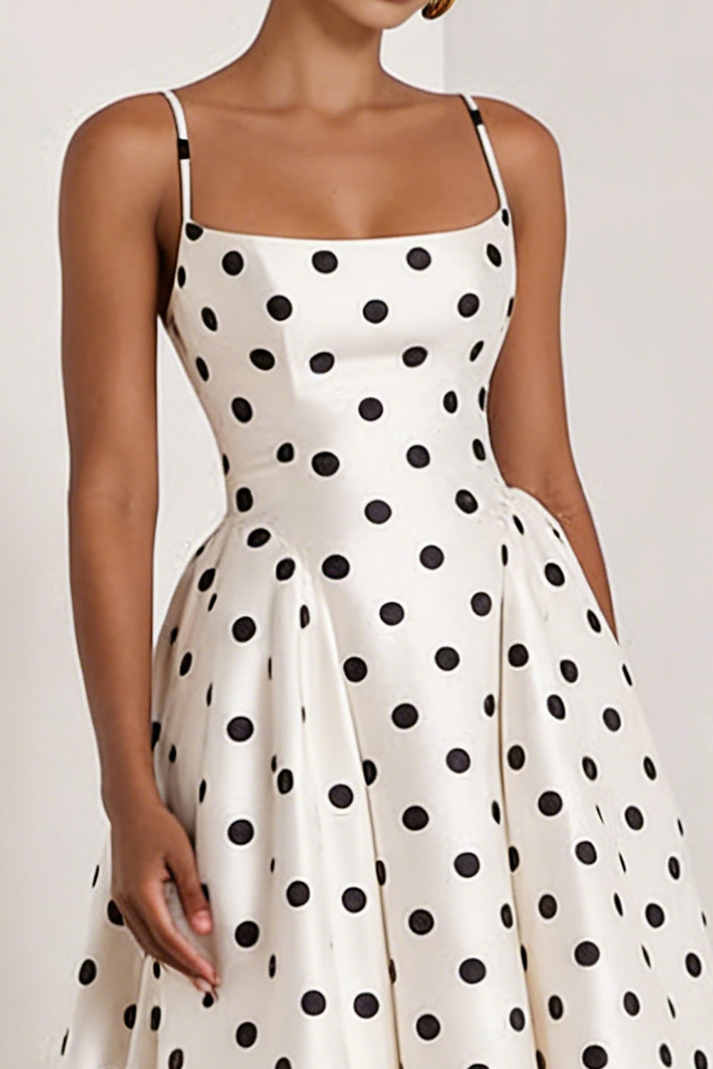 Black and White Polka Dots A Line Satin Spaghetti Straps Long Prom Dress