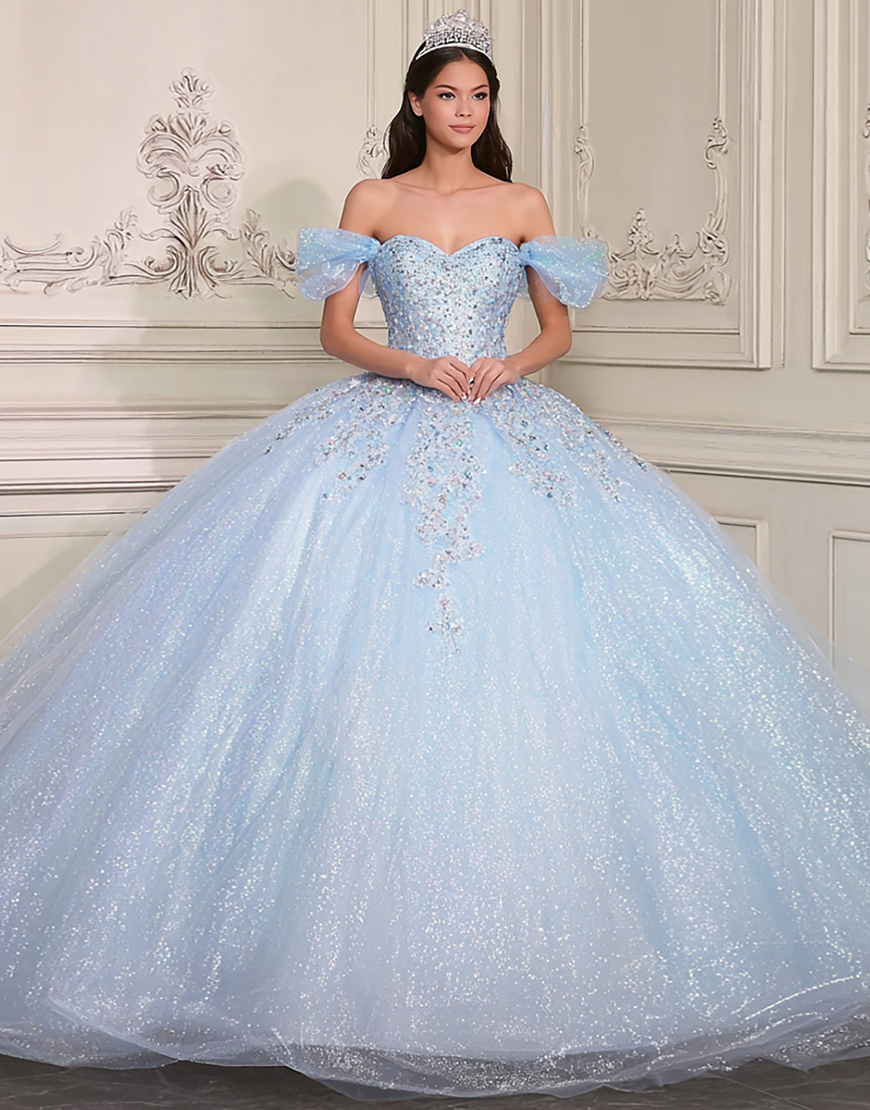 Sparkly Sky Blue Beaded Off the Shoulder Ball Gown Long Quinceanera Dress