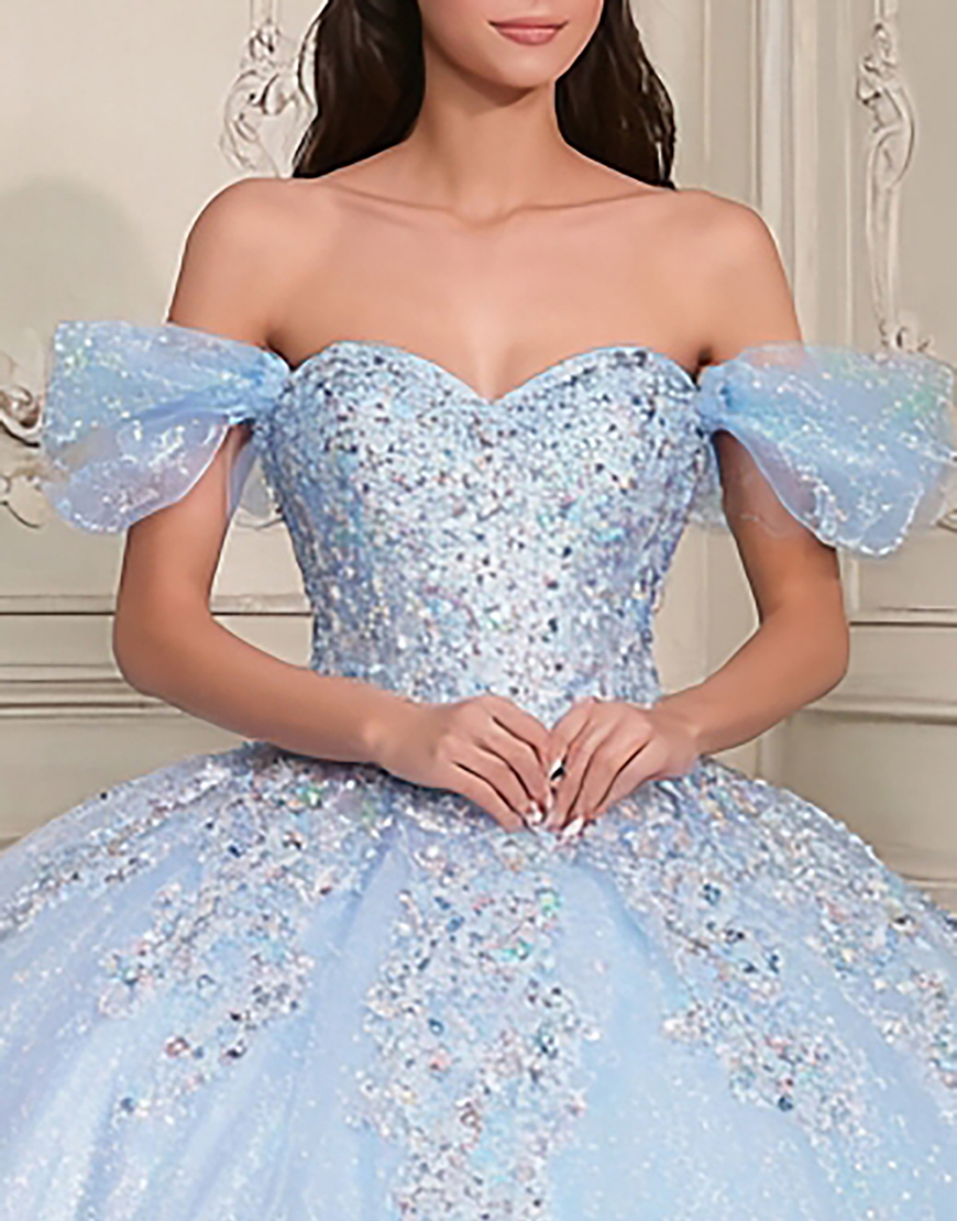 Sparkly Sky Blue Beaded Off the Shoulder Ball Gown Long Quinceanera Dress