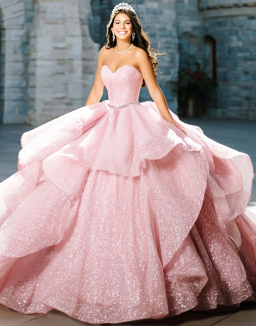 Sparkly Pink Glitter Ruffled Ball Gown Long Quinceanera Dress with Beading