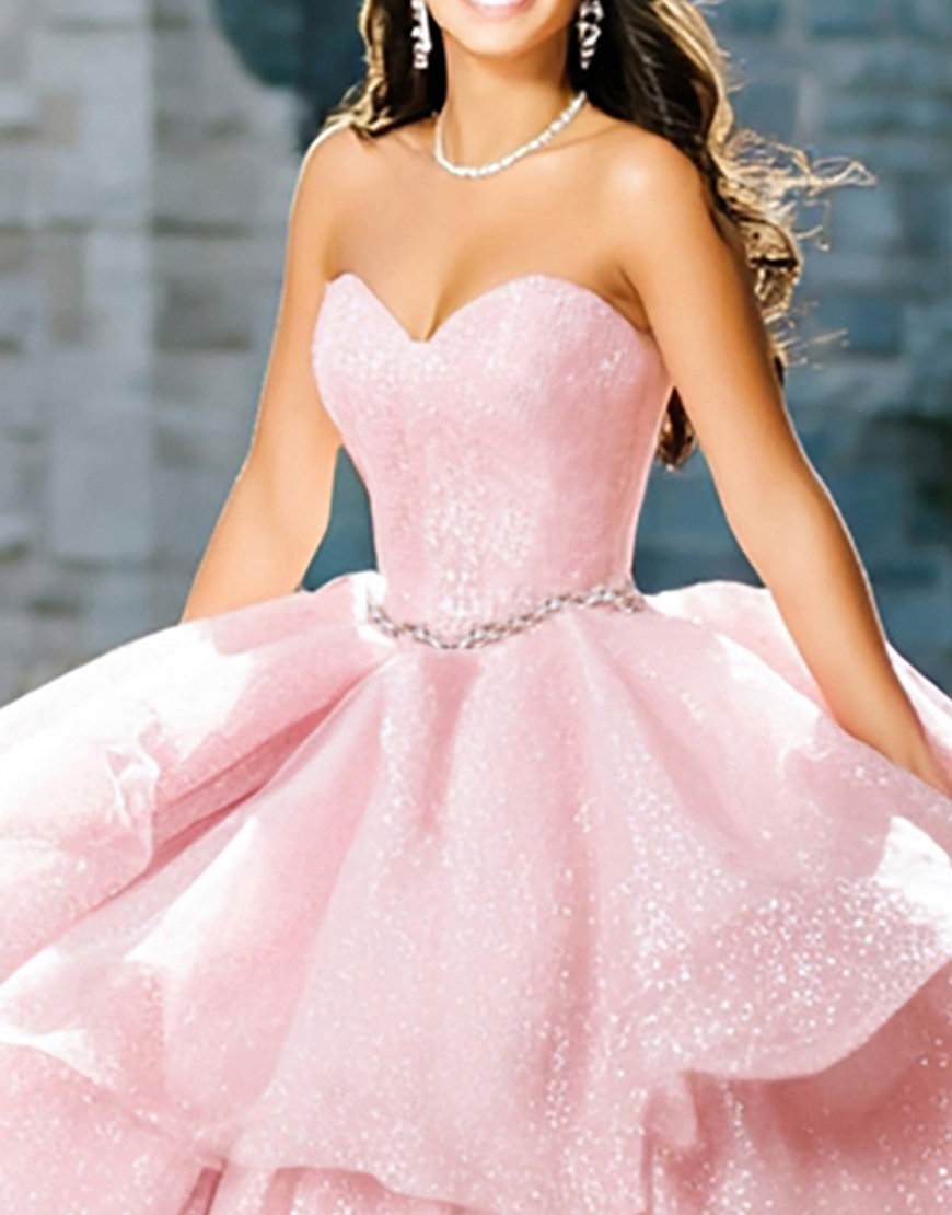 Sparkly Pink Glitter Ruffled Ball Gown Long Quinceanera Dress with Beading