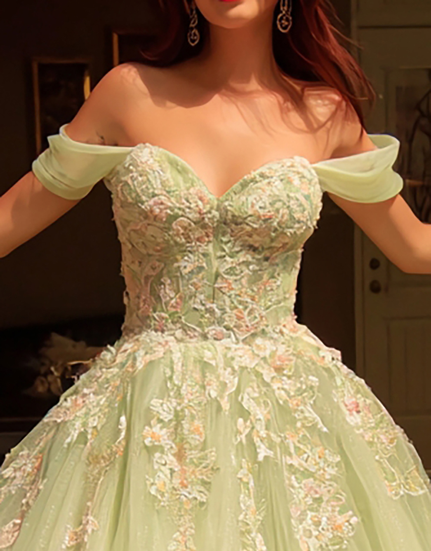 Sparkly Dusty Sage Tulle Off the Shoulder Ball Gown Long Quinceanera Dress with Lace