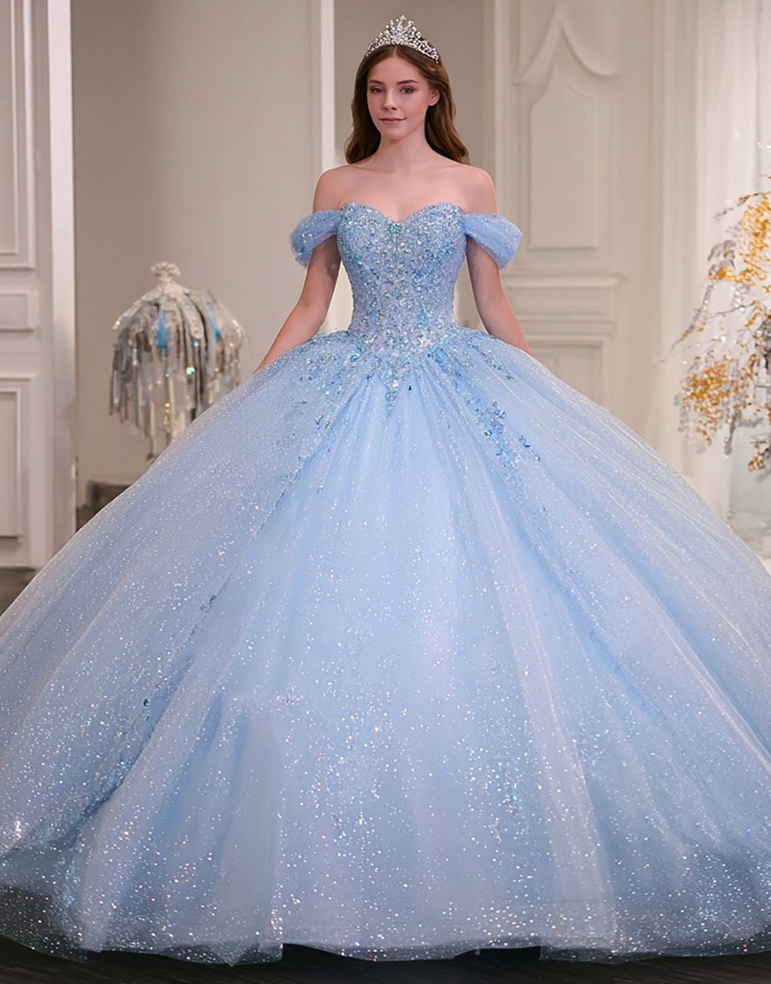 Sparkly Sky Blue Ball Gown Princess Beaded Long Quinceanera Dress