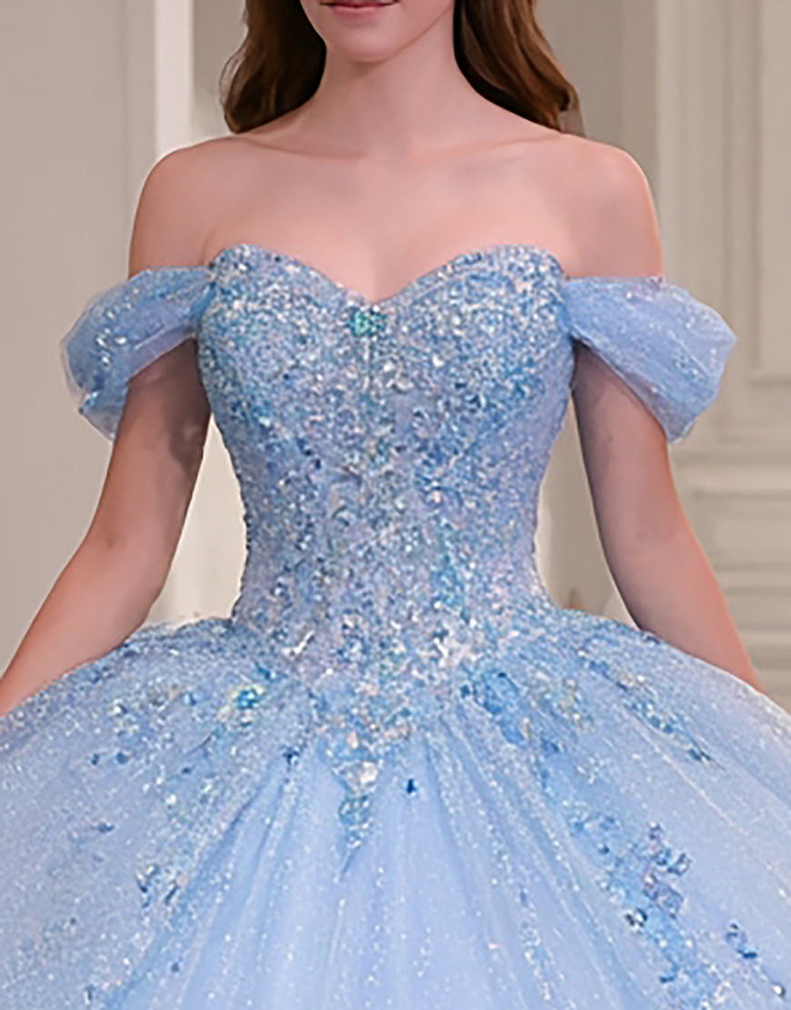 Sparkly Sky Blue Ball Gown Princess Beaded Long Quinceanera Dress