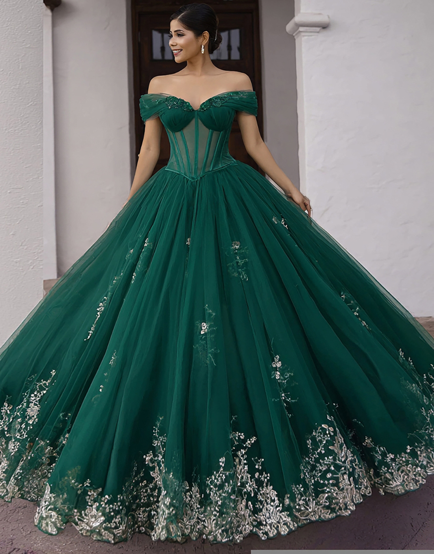 Sparkly Dark Green Corset Lace Ball Gown Tulle Long Quinceanera Dress