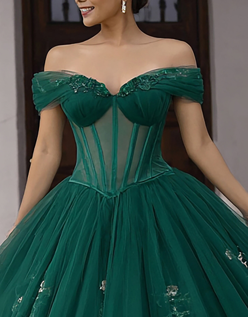 Sparkly Dark Green Corset Lace Ball Gown Tulle Long Quinceanera Dress