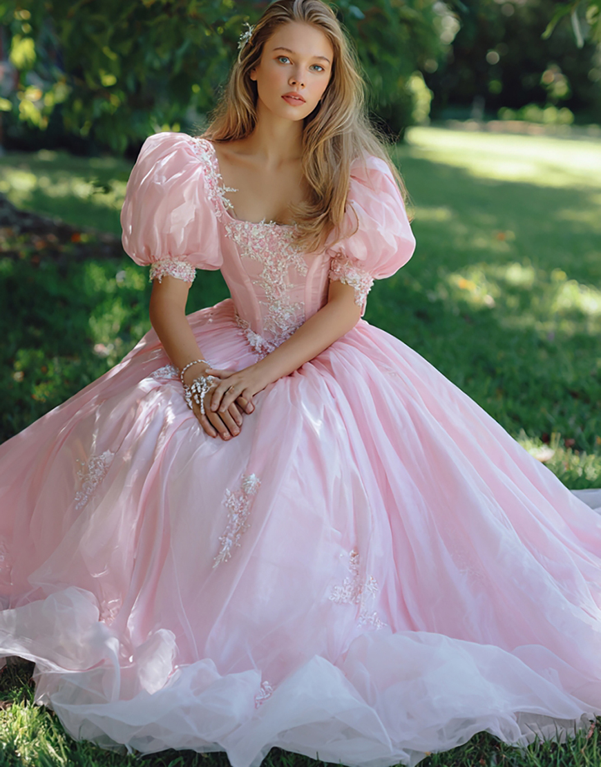 Pink Ball Gown Square Neck Long Quinceanera Dress with Lace