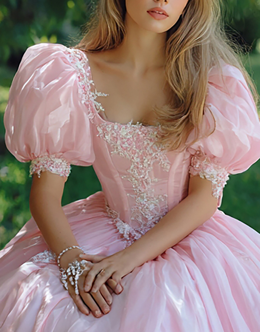 Pink Ball Gown Square Neck Long Quinceanera Dress with Lace