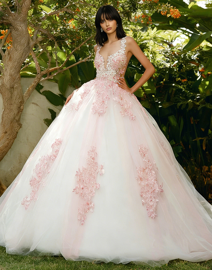 Pink Spaghetti Straps Tulle Ball Gown Long Quinceanera Dress with Lace