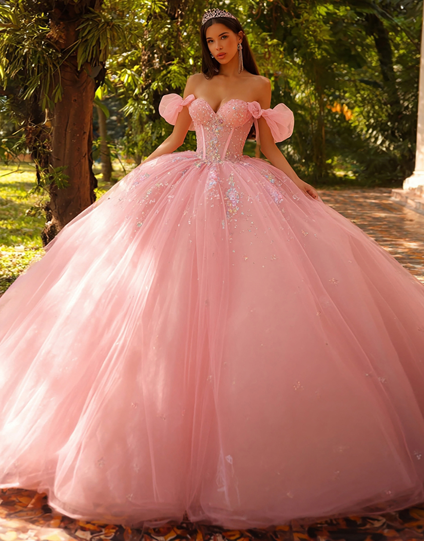Sparkly Pink Corset Tulle Off the Shoulder Ball Gown Long Quinceanera Dress with Sequin
