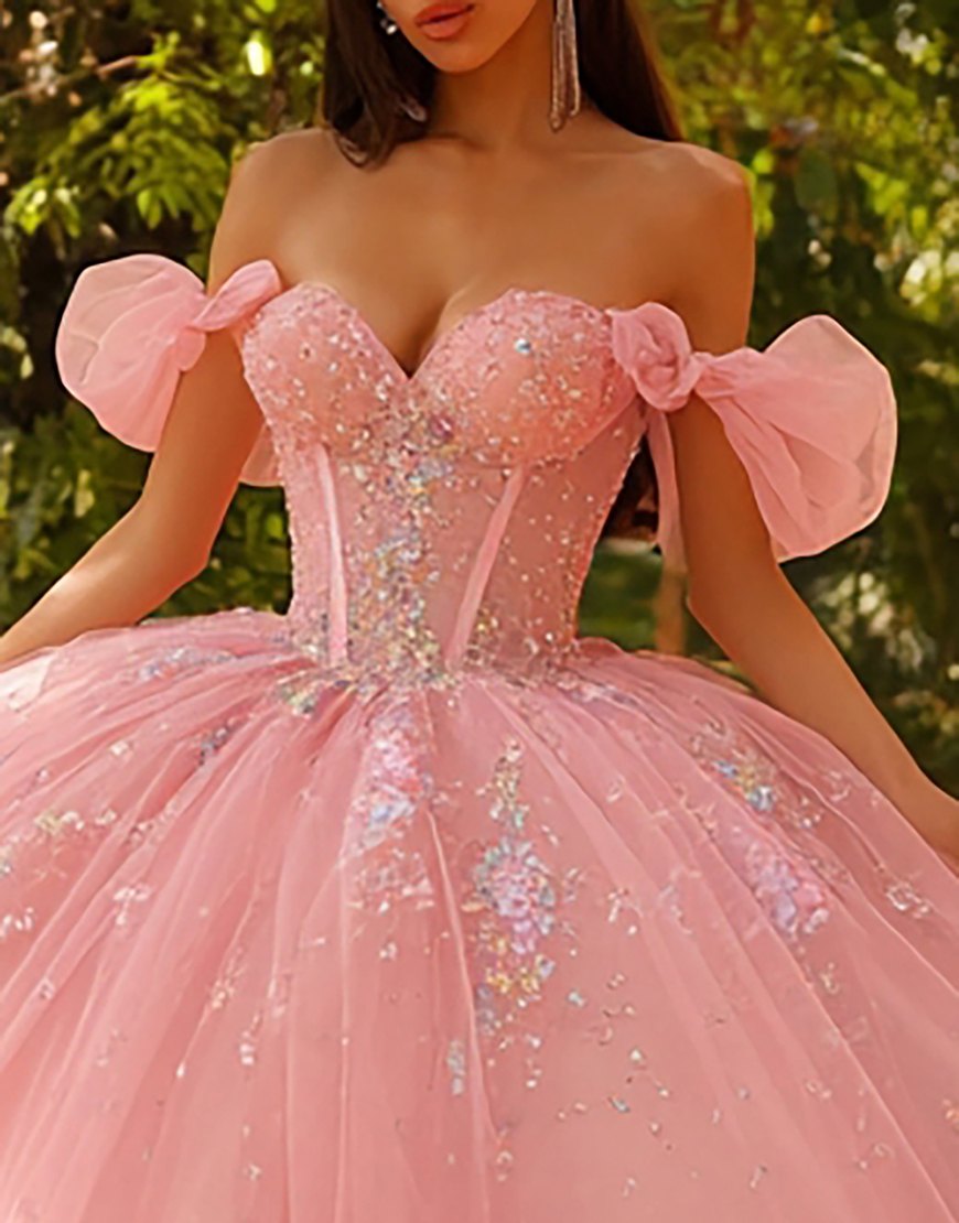 Sparkly Pink Corset Tulle Off the Shoulder Ball Gown Long Quinceanera Dress with Sequin