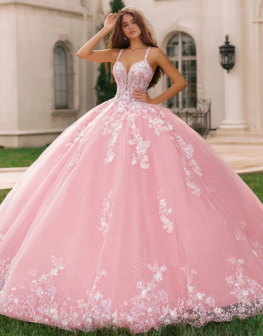 Pink Tulle Floral Ball Gown Long Quinceanera Dress with Lace