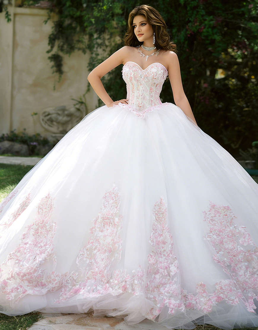 Ivory Floral Sweetheart Ball Gown Tulle Long Quinceanera Dress