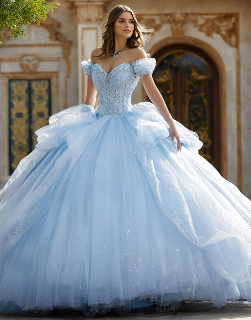 Sparkly Sky Blue Off the Shoulder Ball Gown Long Quinceanera Dress with Ruffles