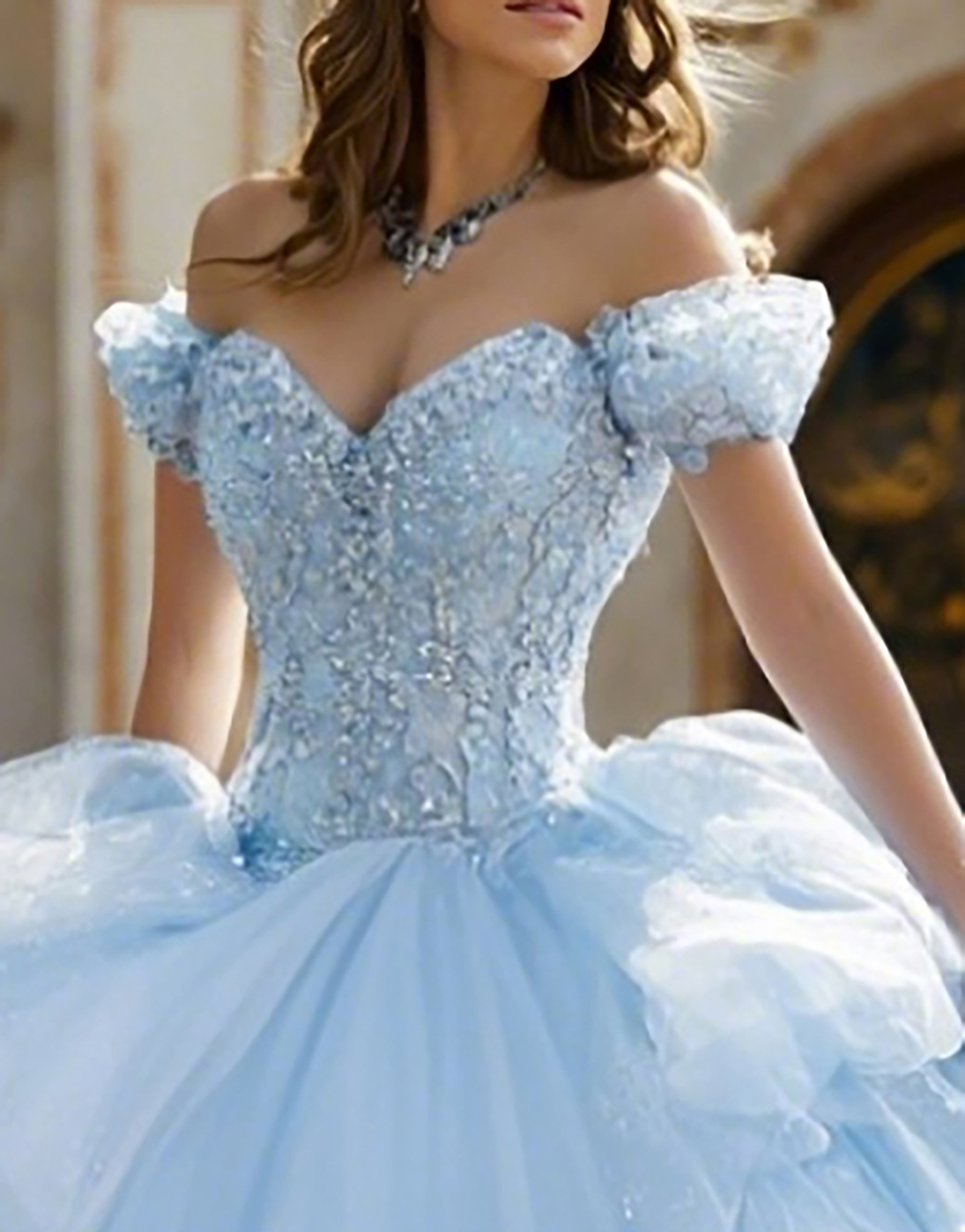 Sparkly Sky Blue Off the Shoulder Ball Gown Long Quinceanera Dress with Ruffles