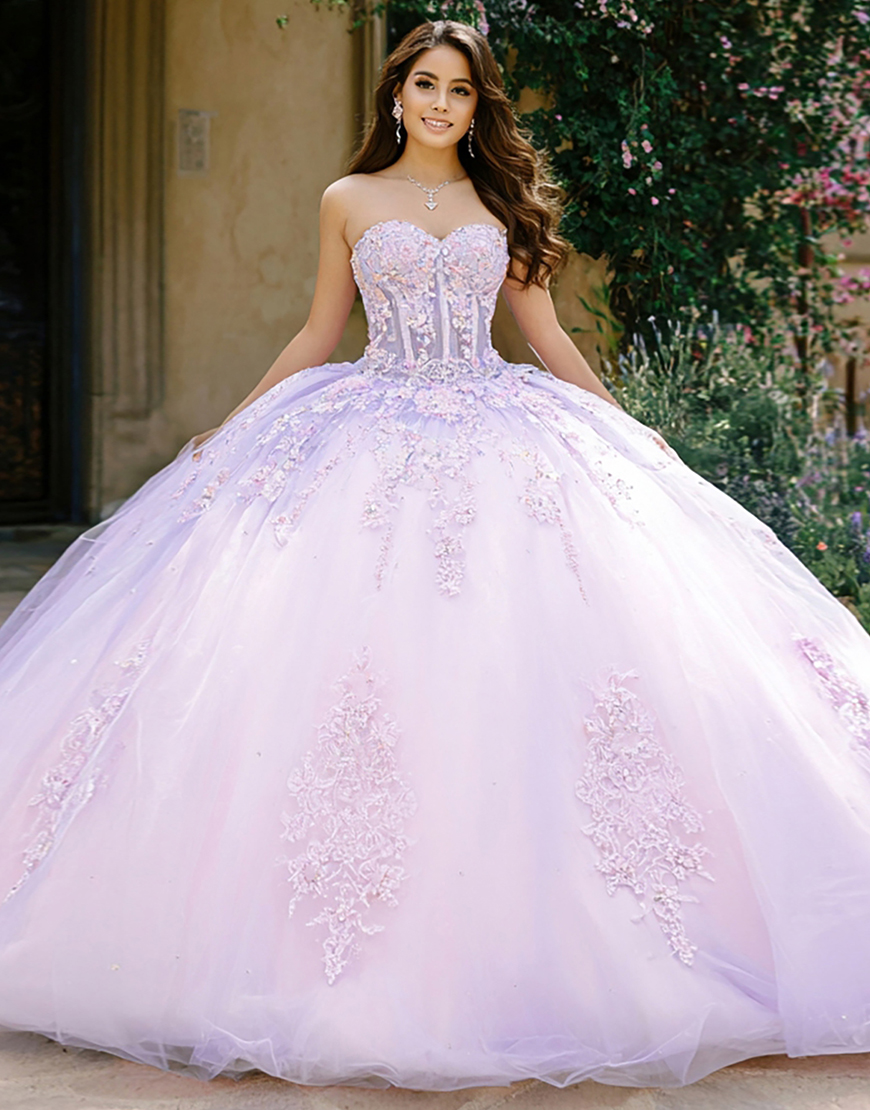 Lilac Corset Ball Gown Sweetheart Long Quinceanera Dress with Appliques