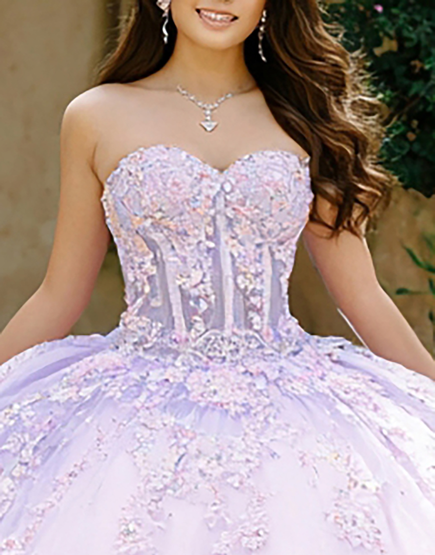 Lilac Corset Ball Gown Sweetheart Long Quinceanera Dress with Appliques