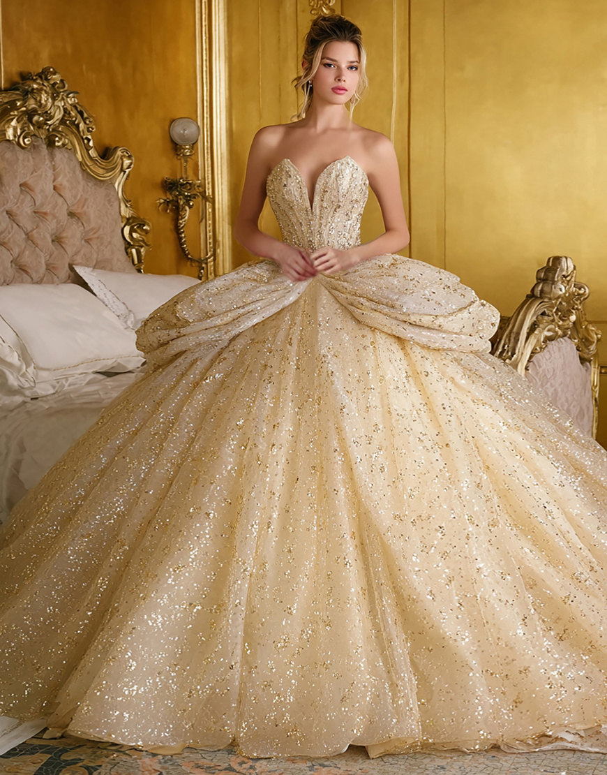 Sparkly Gold Sequin Ball Gown Ruffled Long Corset Quinceanera Dress