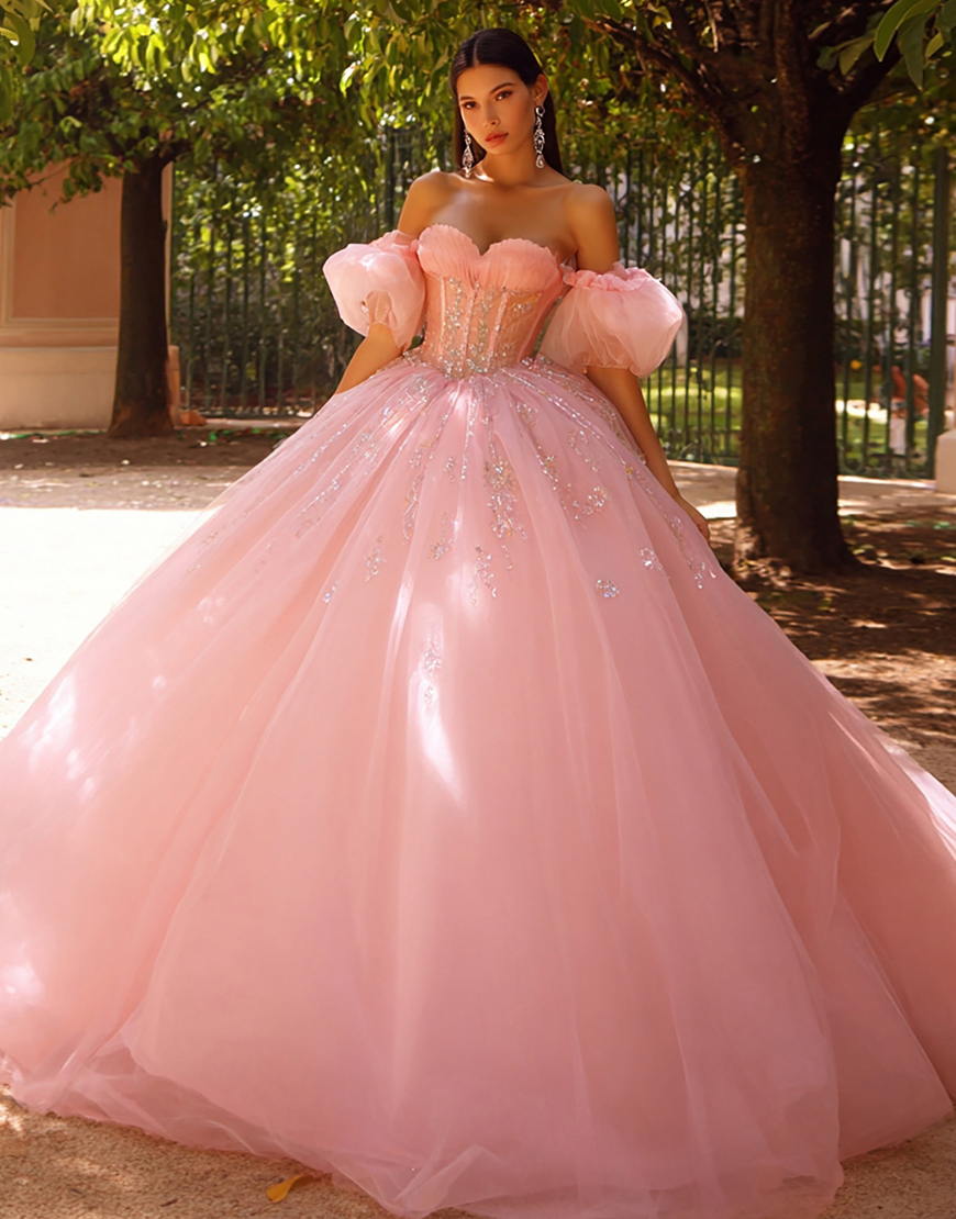 Pink Tulle Corset Ball Gown Off the Shoulder Long Quinceanera Dress with Sleeves