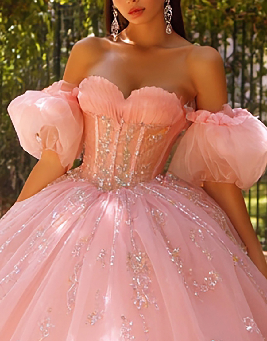 Pink Tulle Corset Ball Gown Off the Shoulder Long Quinceanera Dress with Sleeves