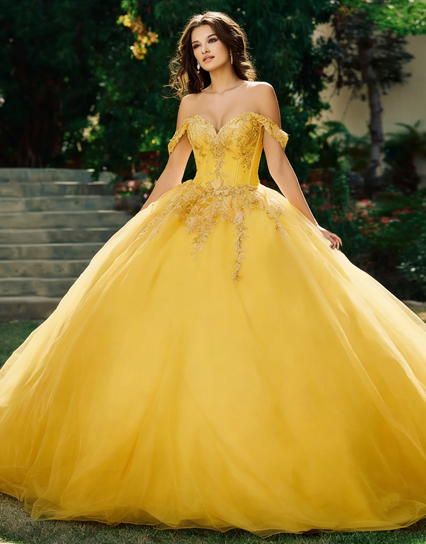 Berlinnova Women Yellow Ball Gown Long Corset Quinceanera Dress Tulle Off the Shoulder Princess Sweet 16 Dress with Lace