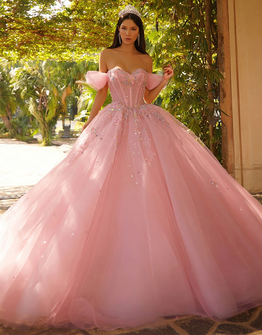 Sparkly Pink Tulle Princess Off the Shoulder Long Corset Quinceanera Dress