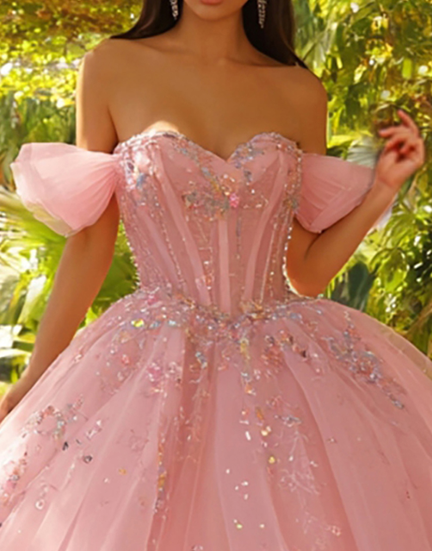 Sparkly Pink Tulle Princess Off the Shoulder Long Corset Quinceanera Dress