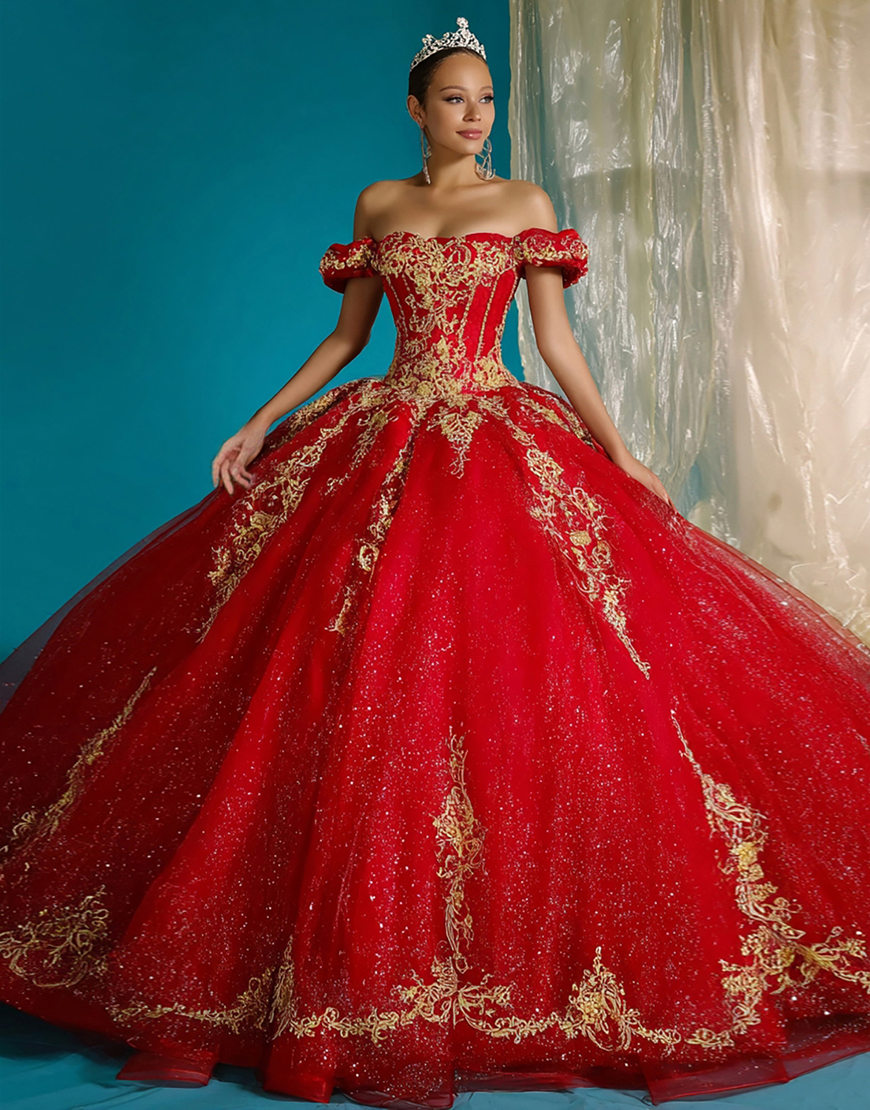 Glitter Red Tulle Princess Off the Shoulder Corset Long Quinceanera Dress