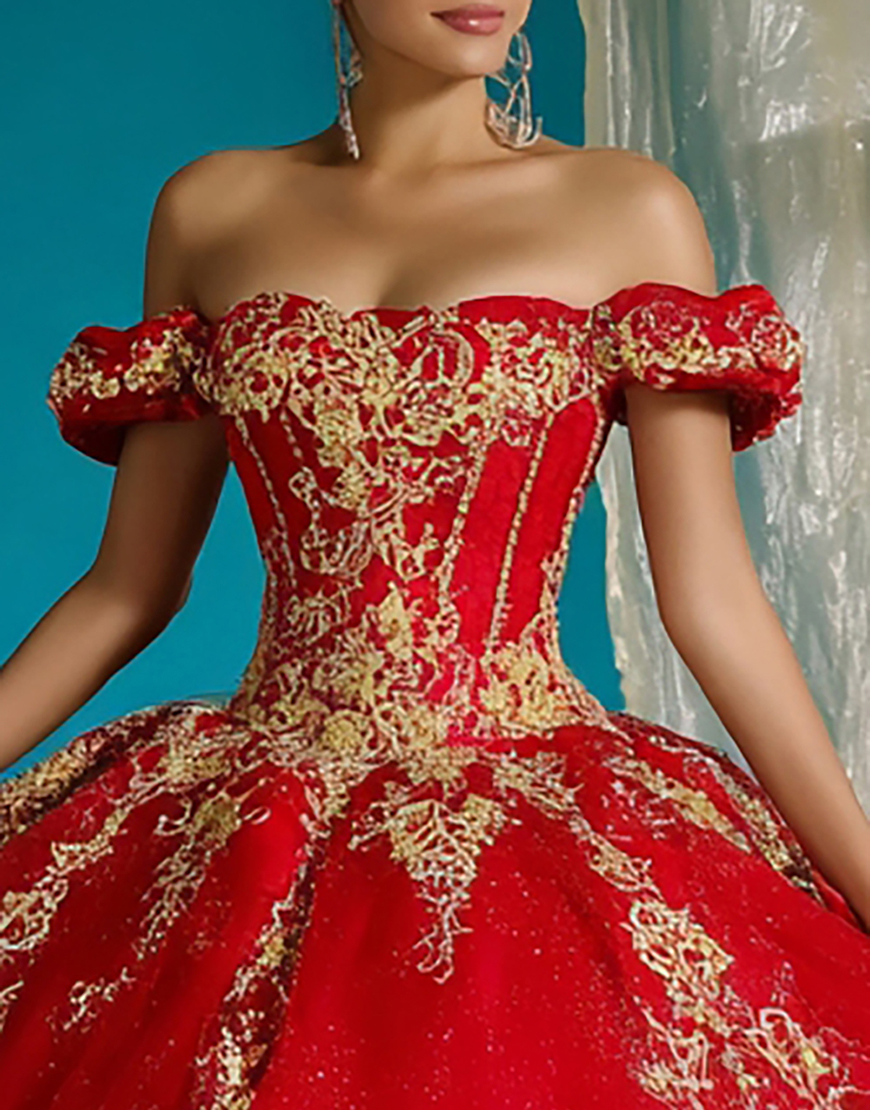 Glitter Red Tulle Princess Off the Shoulder Corset Long Quinceanera Dress