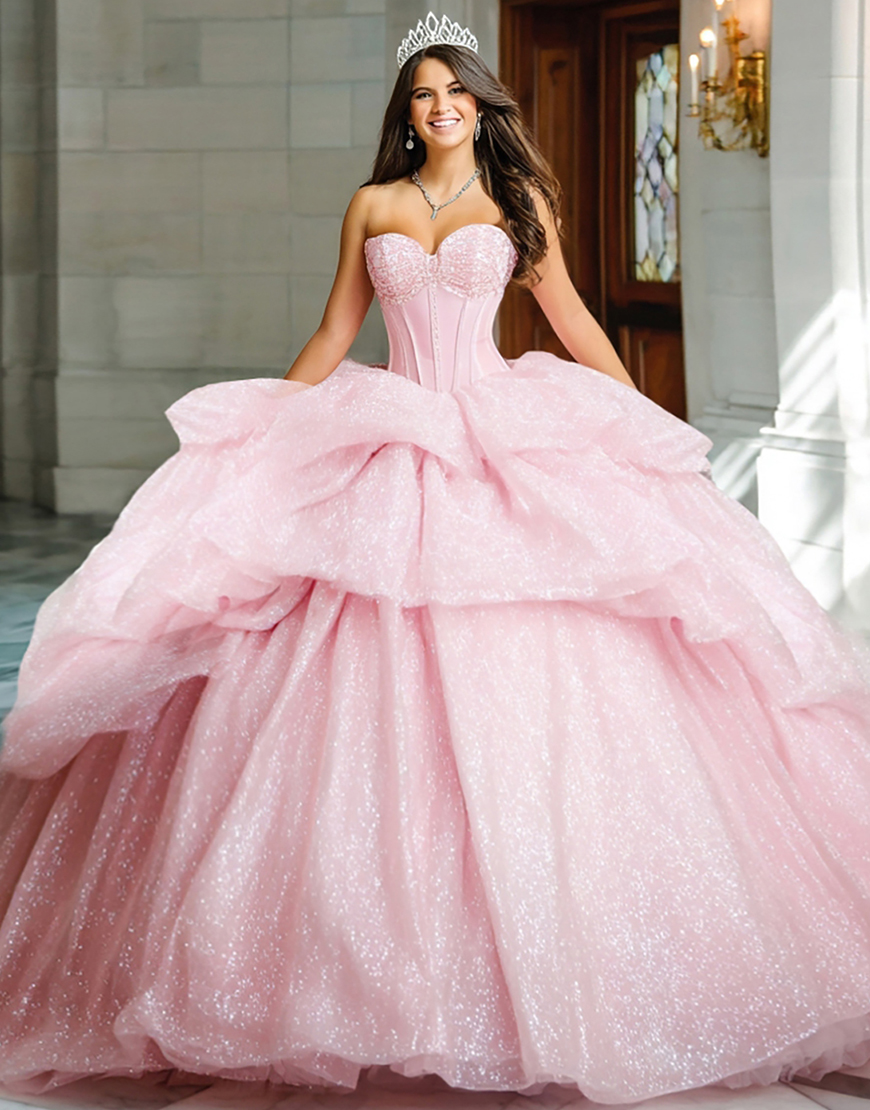 Sparkly Pink Glitter Princess Sweetheart Long Corset Quinceanera Dress with Ruffles