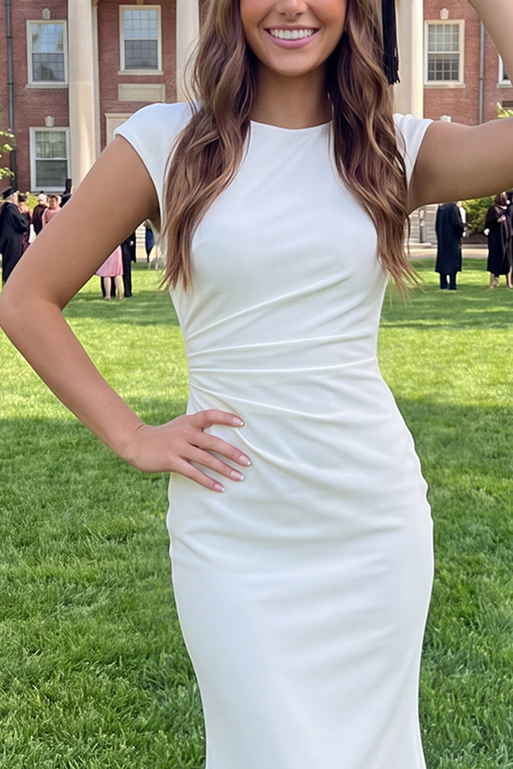 Simple White Crew Neck Bodycon Ruched Midi Graduation Dress