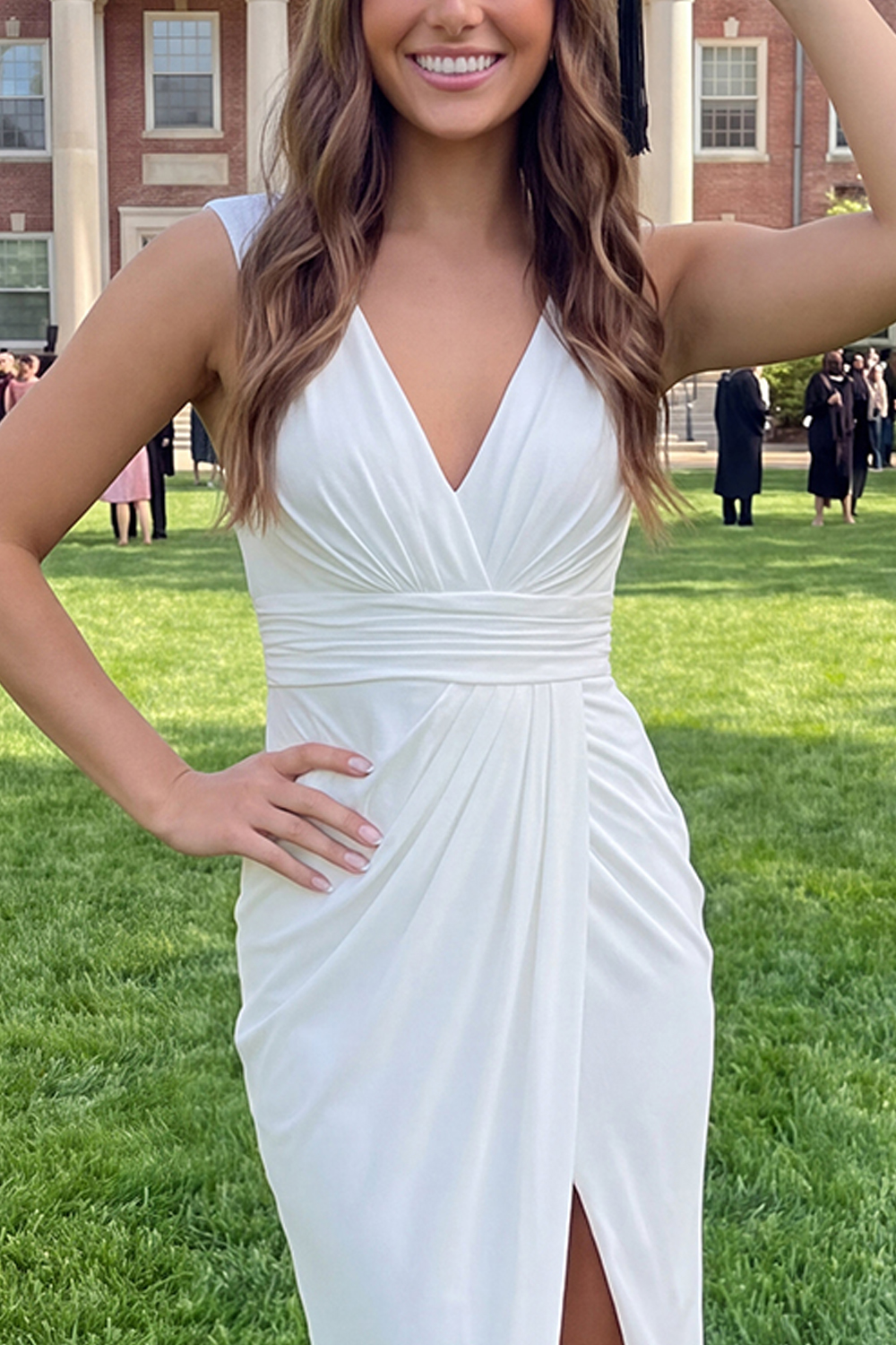Simple White V-Neck Ruched Midi Graduation Dress With Slit